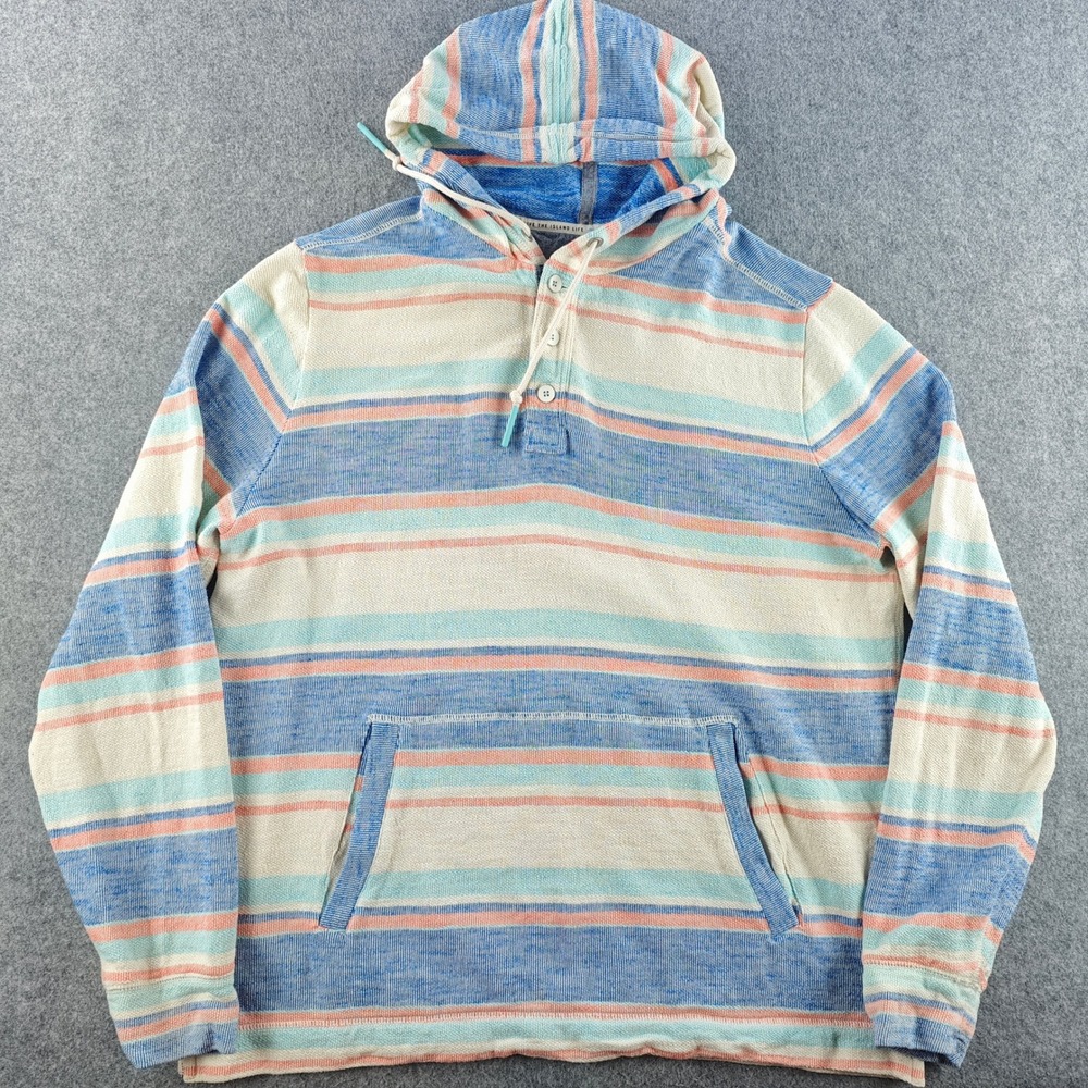 Tommy Bahama Henley Hoodie Mens Large Blue Cream Orange Striped Cotton Pullover